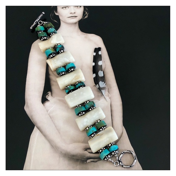 Vintage Jewelry - Vintage Sterling Silver Bone & Turquoise Bracelet